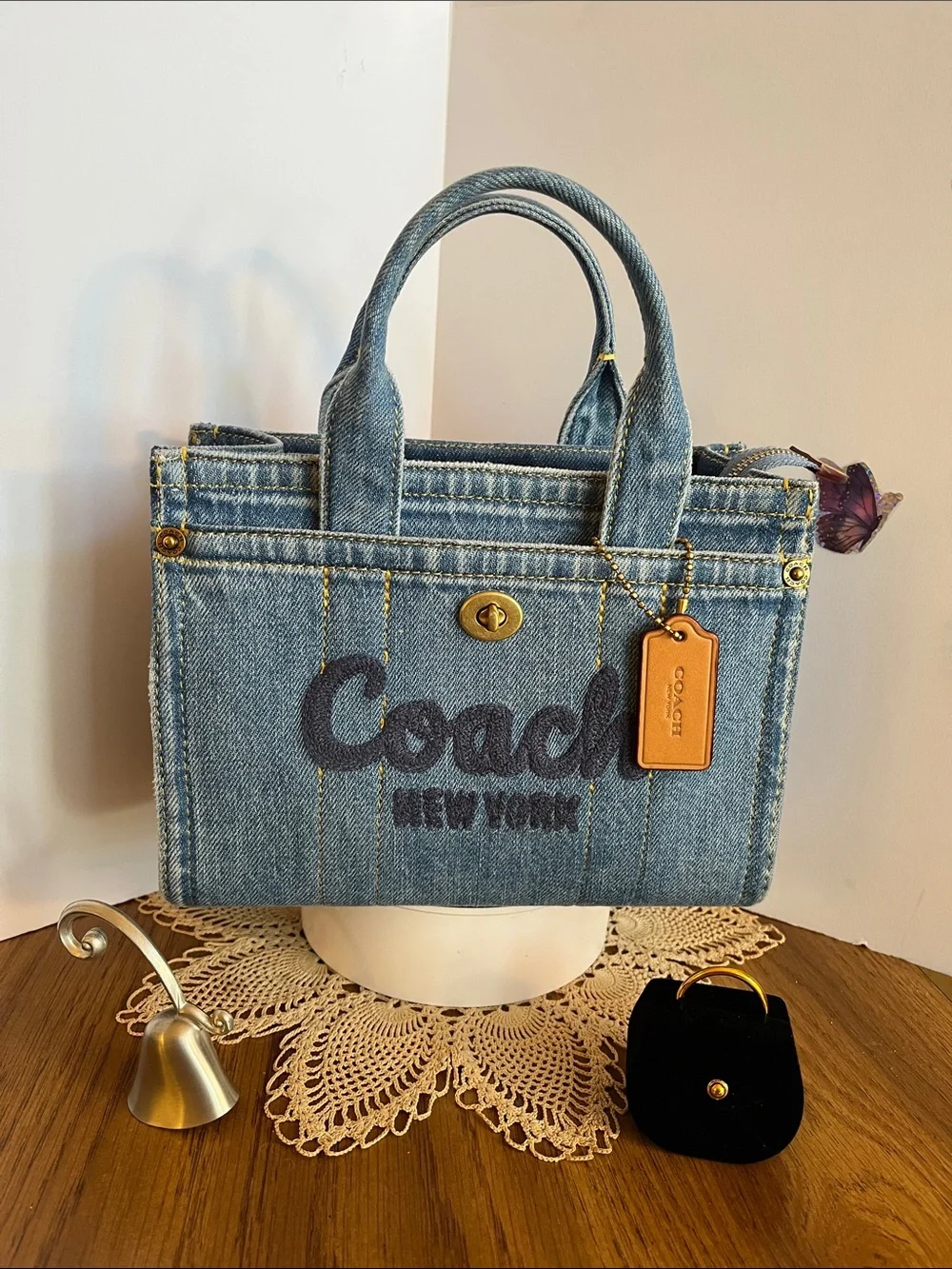 Coach Denim Embroidered Mini Tote in Light Blue with Tan Tag #CZ100